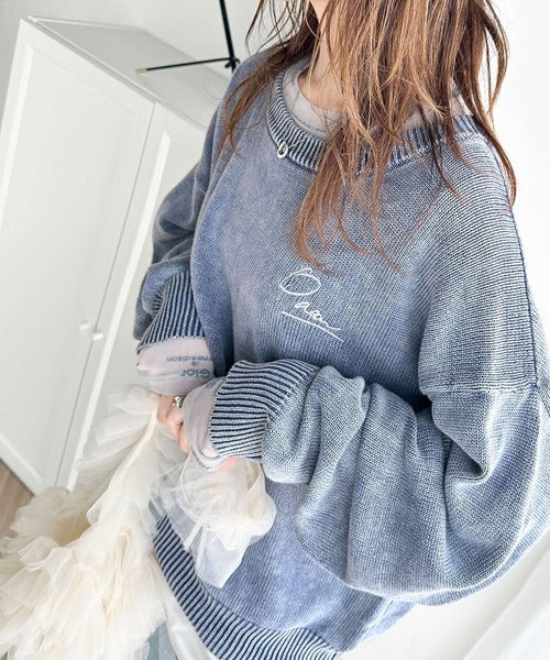 大人可愛いレトロな雰囲気。綿100％ワンポイント刺繍ピグメントニットプルオーバー ce1260240