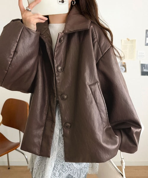 レザーって、こんなに可愛く着られる！大人可愛い丸みシルエット♪フェイクレザー中綿入りステンカラーショートジャケット ce1070253