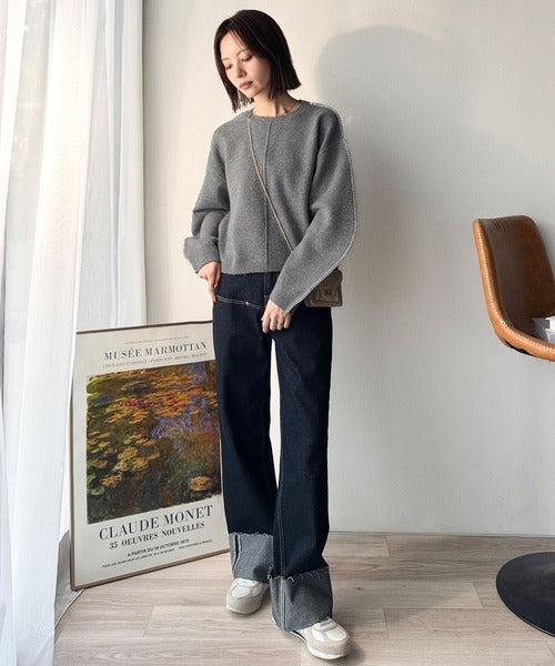 《JaVaジャバ コラボ》一枚でこなれる、立体感スリーブ×配色ステッチ。バナナスリーブ配色ステッチニット jv1020272