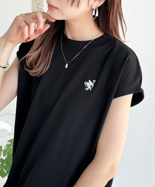 大人女子の上品ベーシック。綿100％シルケットモックネックフレンチTシャツ(刺繍) ce1260395