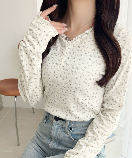 【mily bilet】華やかさと可愛さを1枚で。花柄レース使い袖ギャザーヘンリーカットソー mi1019106