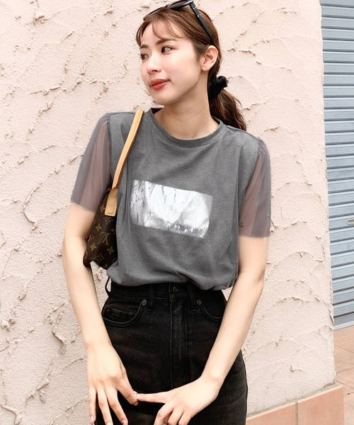 【mily bilet】1枚で上級お洒落style。チュール重ね着風シルバー箔プリントTシャツ mi1149050