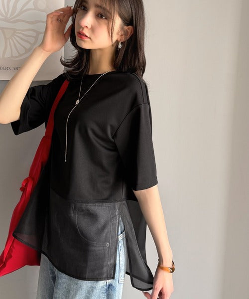 春夏に涼しさ引き立てる透け感が◎裾シアー切り替えライトダンボール半袖Tシャツ ce1110116