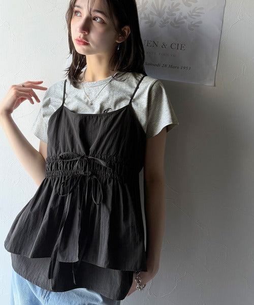 旬のレイヤードスタイルがこれ一着で即完成。ダブルリボン使いキャミ＆ムーン刺繍半袖Tシャツセット ce1265004
