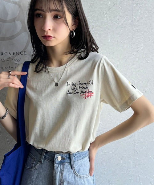 【sustaina+】アートのように刺繍が映える。オーガニックコットン100%らくがき風刺繍 無地＆ボーダー柄半袖Tシャツ ce1260396