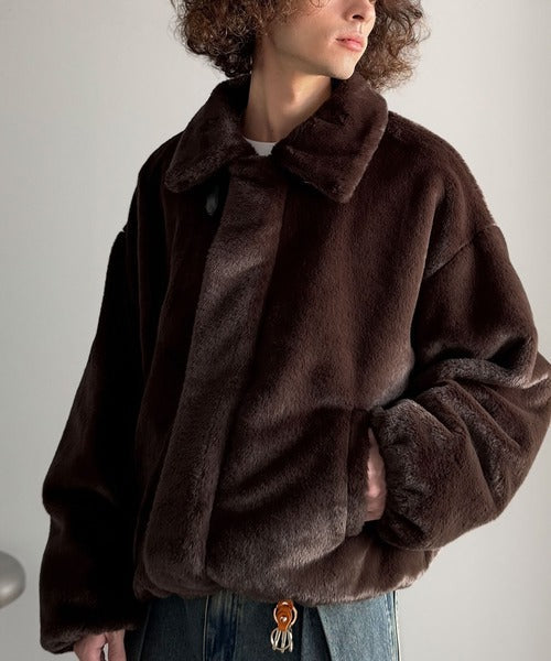 【Classical Origin】「3wayアレンジ可能。」ベルト襟フェイクファー素材ジャケット／Belted Collar Faux Fur Jacket co1150080