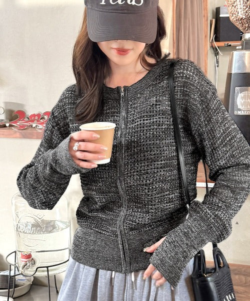 光沢感とシアー感が上品さ漂う。ラメ混透かし編みジップニットカーディガントップス（長袖） ce1050283
