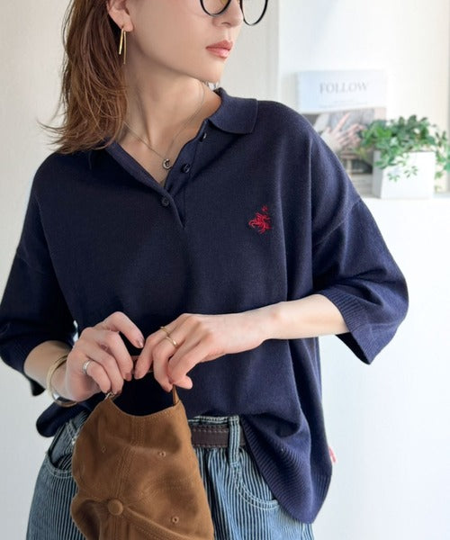 抜け感のあるゆったりシルエット。胸刺繍で上品さをプラス♪胸刺繍ルーズポロニットプルオーバー(半袖) ce1240115