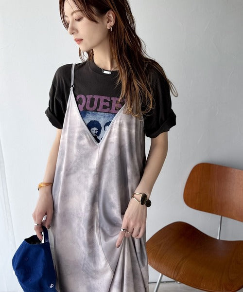 そよ風シフォン♪ふわり柔らかシルエットで“涼”を着回す。前後2wayチュールレイヤードロングキャミワンピース（ブラック＆マーブル柄） ce1240090