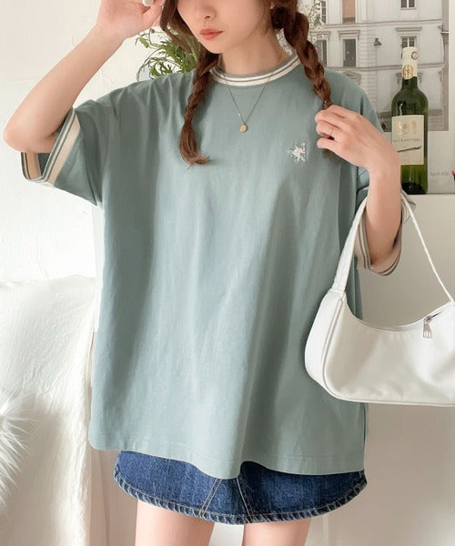 《JaVa ジャバコラボ》大人スポーティー。綿100%シルケット 配色刺繍Tシャツ jv1050074