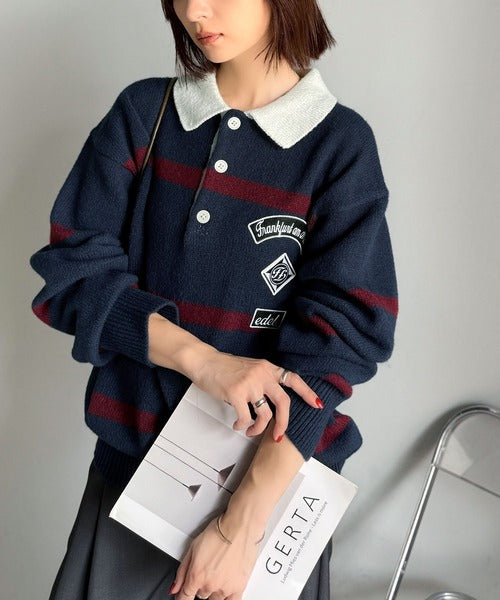 《JaVaジャバコラボ》魅せる、トラッド感。ワッペンデザインラガーポロニット（長袖） jv1029131