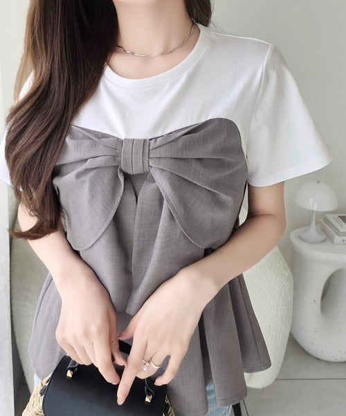 【mily bilet】一枚でサマになる。 フロントリボン布帛コンビ半袖Tシャツ mi1269018
