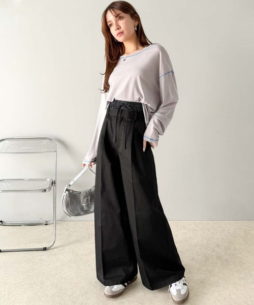 上品なシルエットの優秀パンツ♪Wベルト異素材スラックスワイドパンツ ce0940219