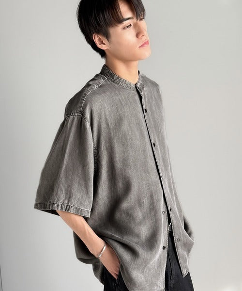 Rayon Denim Band Collar Relaxed Shirt／ヴィンテージ加工ルーズフィットデニムシャツ co1150011