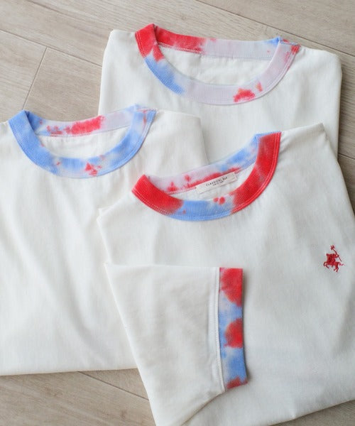 レトロでポップな大人リンガーT。胸刺繍タイダイリンガー半袖T ce1050158