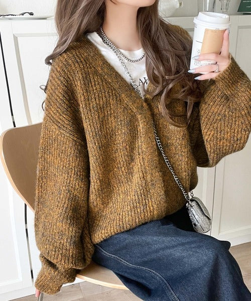 大人上品なニュアンスを演出◎比翼Vネックミックスニットカーディガン（長袖） ce1050314