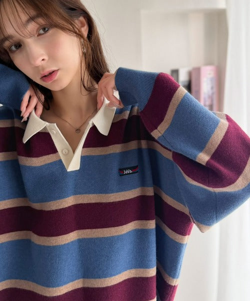 《JaVaジャバコラボ》1枚で洗練された大人の余裕を演出。配色ボーダー柄ポロ襟スウェットライクニット（長袖） jo1250006