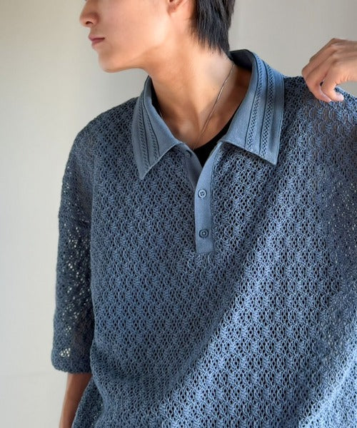 「透け感、モードの余韻。」衿ダブルライン使いレース柄ニットポロシャツ/Lace Detail Knit Polo Shirt co1010010