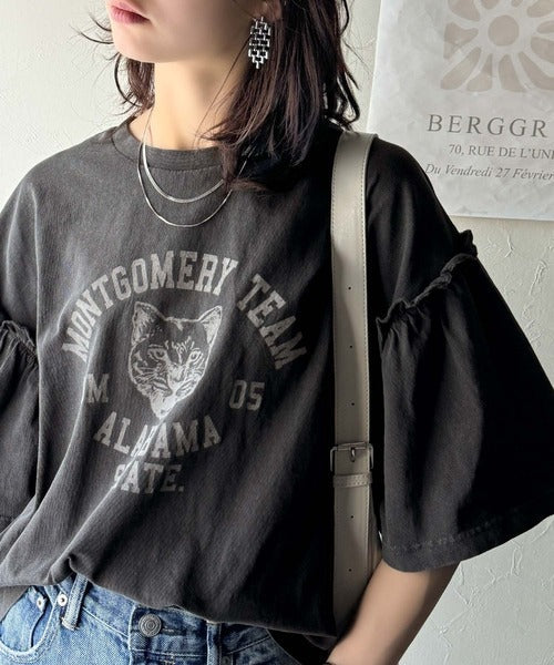 レディなヴィンテージスタイル。綿100％カレッジピグメント袖フリルTシャツ ce1020221