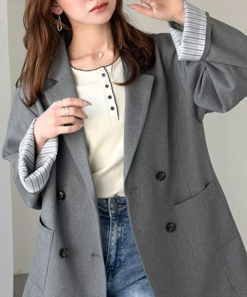 【mily bilet】折ってもかわいい♪春まで着れちゃう万能アイテム。裏地付きダブルボタンテーラードジャケット mi1329089