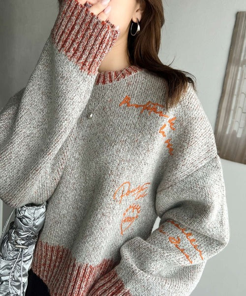 【mily bilet】大人の個性派ニット。ランダム刺繍クロップドニットプルオーバー mi1029088