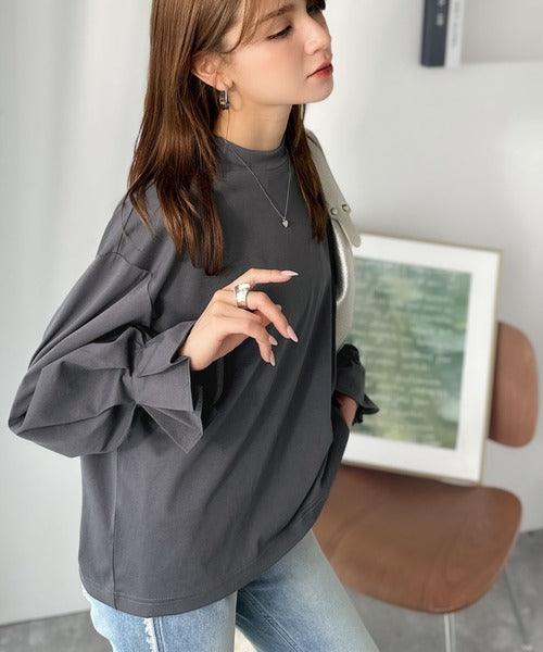 ひとさじの甘さ。微光沢仕立て、シルケット加工ハイネックキャンディスリーブTシャツ（長袖） ce1020306