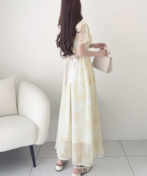 【mily bilet】夏を涼む相棒ワンピ♪水彩フラワーが上品。シアーフローラル バックリボンワンピース (長袖) (ロング) mi1139101