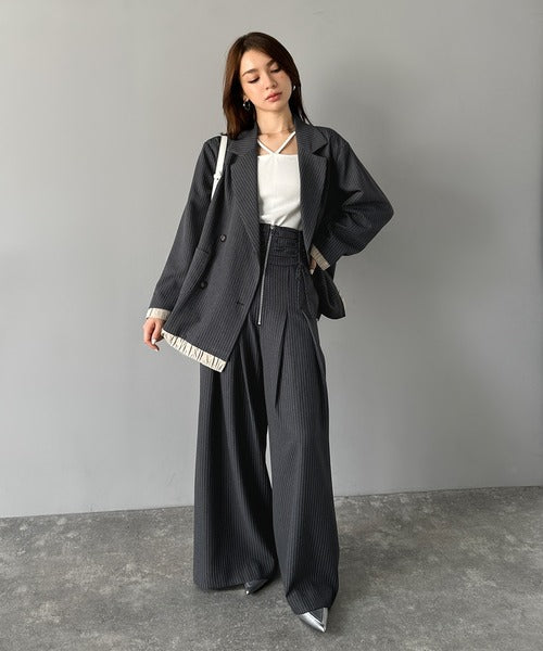 【mily bilet】コルセット風で“キュッ”と細見え。ウエストシャーリングハイウエストタック入りワイドパンツ mi1329054
