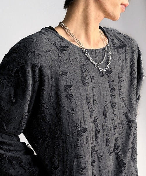 グランジを楽しむ旬スタイル。ダメージ加工ビッグシルエットジャカードカットソーTシャツ（長袖） cm1010420