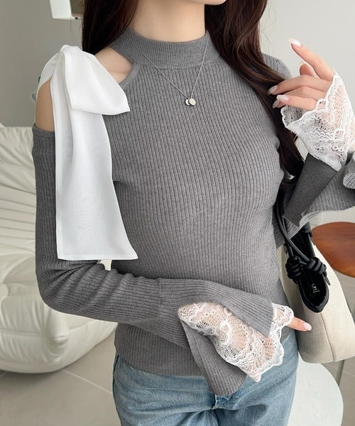 【mily bilet】大人フェミニンの主役トップス。肩シフォンリボン袖レース使いリブニット mi1029170