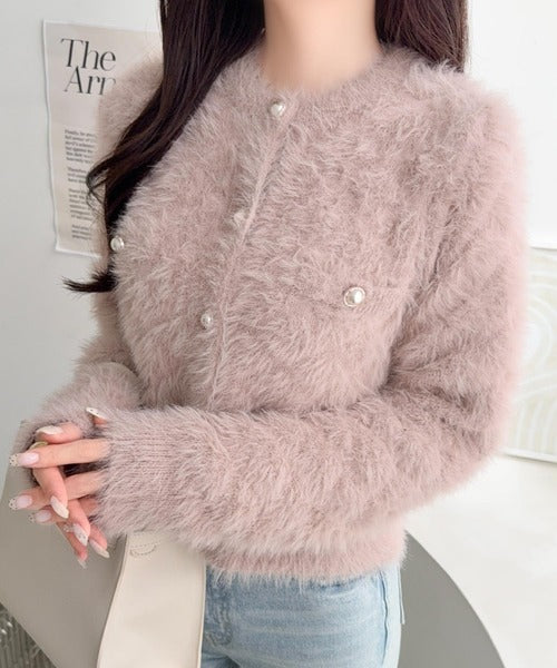 【mily bilet】大人可愛い、愛されニット。パール調ボタン使いキルティング風フェザーニットジャケット mi1359067