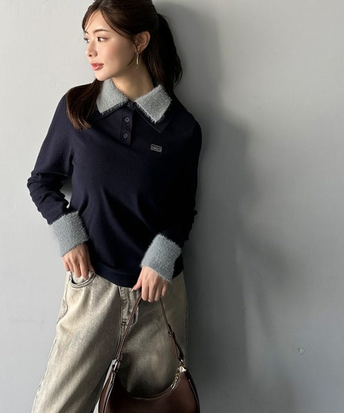 【mily bilet】上品とカジュアルを叶える、大人コーデが即完成。ファー使いダブル襟ロゴプレートニットポロ(長袖) mi1029150