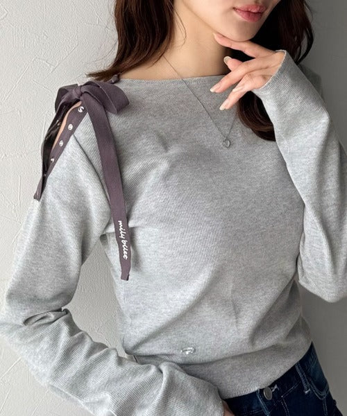 【mily bilet】甘さを添える大人の肌見せ。肩リボン使いスナップ２WAYワンオフショルカットソー（長袖） mi1329034