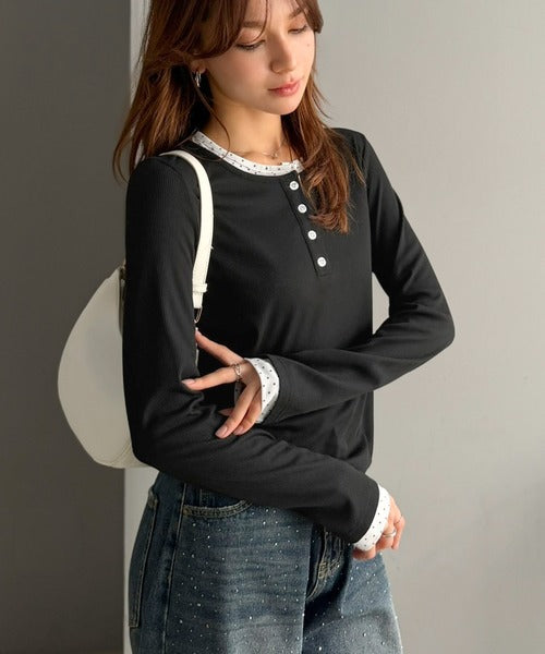 【mily bilet】重ね着いらずで、ひとクセ可愛い。レイヤードヘンリーネックカットソー（長） mi1359083