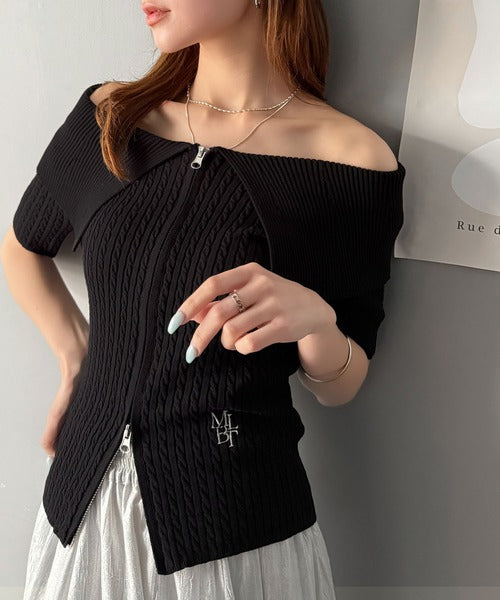 【mily bilet】抜け感レディースタイル。ロゴ刺繍オフショル２WAYダブルジップケーブル柄サマーニット（半袖） mi1029121