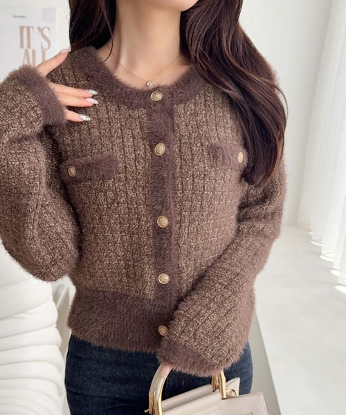 【mily bilet】ツィードライクフェザー切り替えラメニットジャケット mi1329043