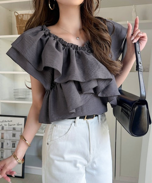 【mily bilet】ひらり、涼しげ。品ある甘さふわっと香る♪前後2wayノースリーブカシュクールブラウス mi1019151