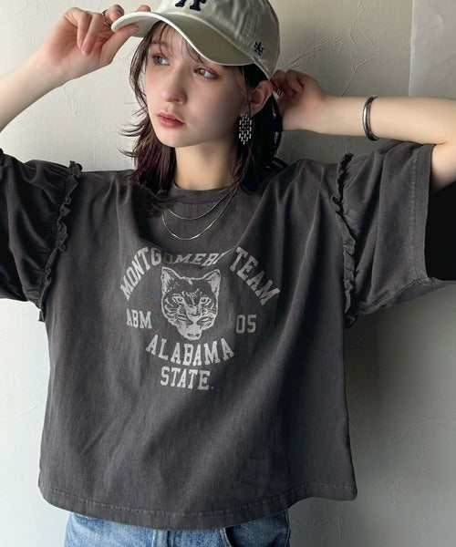 レディなヴィンテージスタイル。綿100％カレッジピグメント袖フリルTシャツ ce1020221