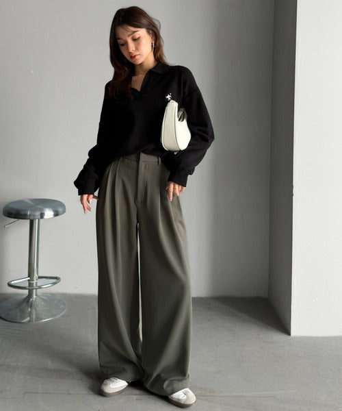 【UVカット・防シワ機能付き】ウォッシャブルですっきり美ライン。カットジョーゼット2タック美ライン脇ゴムスラックスパンツ ce0940266