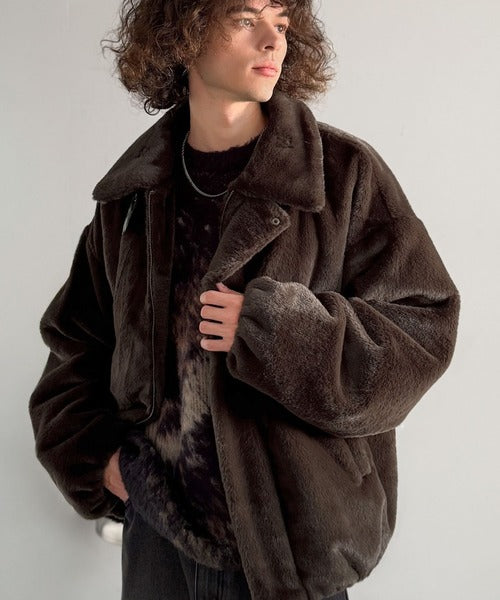【Classical Origin】「3wayアレンジ可能。」ベルト襟フェイクファー素材ジャケット／Belted Collar Faux Fur Jacket co1150080