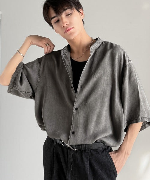 Rayon Denim Band Collar Relaxed Shirt／ヴィンテージ加工ルーズフィットデニムシャツ co1150011