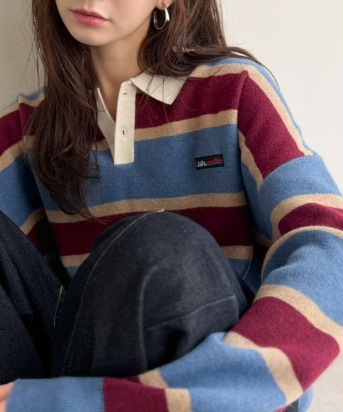《JaVaジャバコラボ》1枚で洗練された大人の余裕を演出。配色ボーダー柄ポロ襟スウェットライクニット（長袖） jo1250006