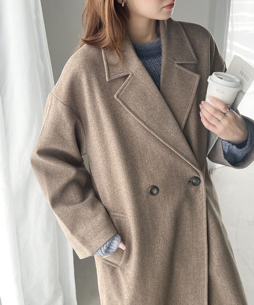 レトロシルエット。ダブルテーラードロングコート clf008
