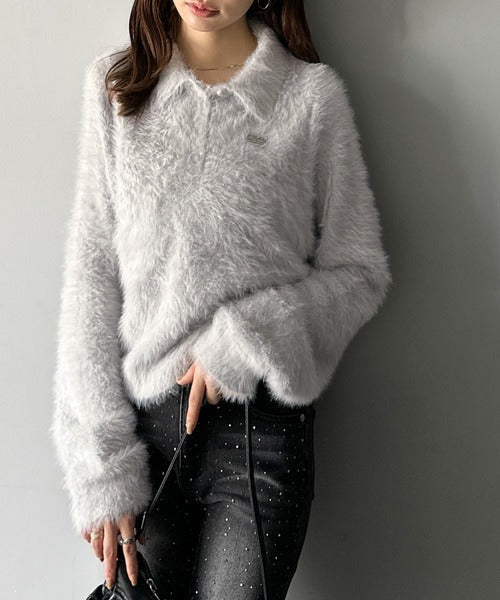 【mily bilet】カジュアルな大人ふんわり。メタルプレート使いフェザーシャギーポロニット（長袖） mi1029134