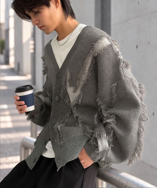 《JaVaジャバコラボ》配色×フリンジ、圧倒的存在感。配色フリンジVネックニットカーディガン jm1260632