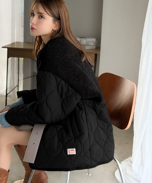 《JaVaジャバコラボ》軽くて暖かい、旬顔ボア切替♪ノーカラーひょうたんキルティングコート jv1240103
