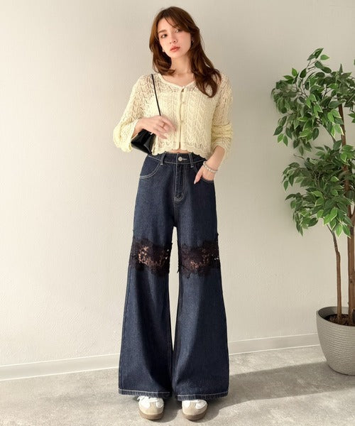 【mily bilet】特別な個性を持つオンリーワンの仕上がり！花柄レースワイドデニムパンツ mi1139076