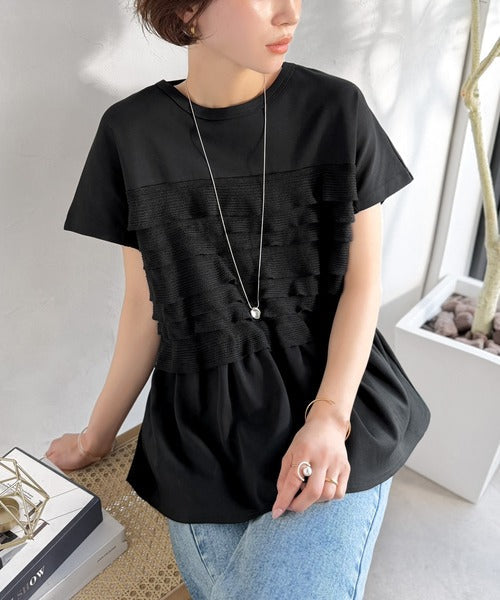 甘さを仕込む、大人の余裕。綿100％シルケット加工×シアーフリル切替オーバーサイズペプラムTシャツ（半袖） ce1410008