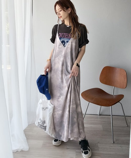 そよ風シフォン♪ふわり柔らかシルエットで“涼”を着回す。前後2wayチュールレイヤードロングキャミワンピース（ブラック＆マーブル柄） ce1240090