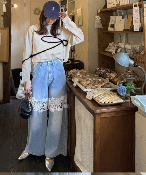 【mily bilet】ゆるっと可愛げ、ふわっと存在感。リボンフェザーコード刺繍ニット（長袖） mi1029130